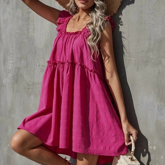 Dresses & Skirts - pink  Boho Frill Trim Ruffle Hem Dress
